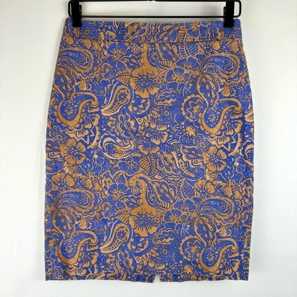 LOFT Pencil Skirt Brown & Blue Batik Floral Paisley Print Stretch Size 4 Office
